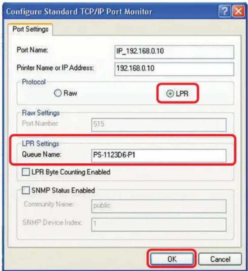 Configure Standard TCP/IP Port Monitor Port Settings Port Name: IP_192.168.0.10 Printer Name or IP Address: 192.168.0.10 Protocol Raw LPR Raw Settings Port Number: 515 LPR Settings Queue Name: PS-1123D6-P1 LPR Byte Counting Enabled SNMP Status Enabled Community Name: public SNMP Device Index: 1 OK Cancel