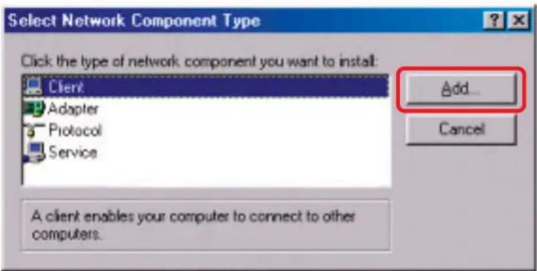Select Network Component Type Click the type of network component you want to install: Client Adapter Protocol Service Add... Cancel A client enables your computer to connect to other computers.