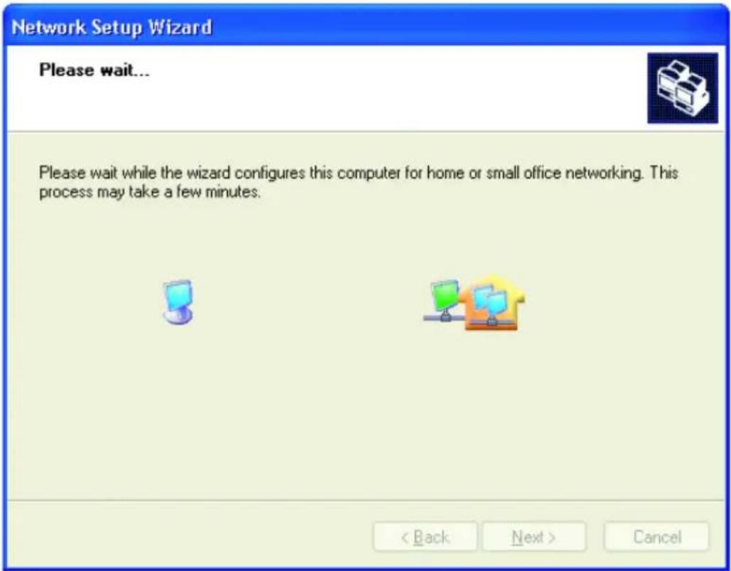 Network Setup Wizard Please wait... Please wait while the wizard configures this computer for home or small office networking. This process may take a few minutes. < Back Next > Cancel