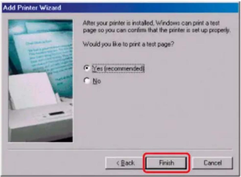 Add Printer Wizard After your printer is installed. Windows can print a test page so you can confirm that the printer is set up properly. Would you like to print a test page? ● Yes (recommended) ○ No < Back Finish Cancel