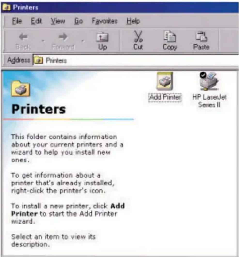 Printers File Edit View Go Favorites Help Back Forward Up Cut Copy Paste Address Printers Printers Add Printer HP LaserJet Series II This folder contains information about your current printers and a wizard to help you install new ones. To get information about a printer that's already installed, right-click the printer's icon. To install a new printer, click Add Printer to start the Add Printer wizard. Select an item to view its description.