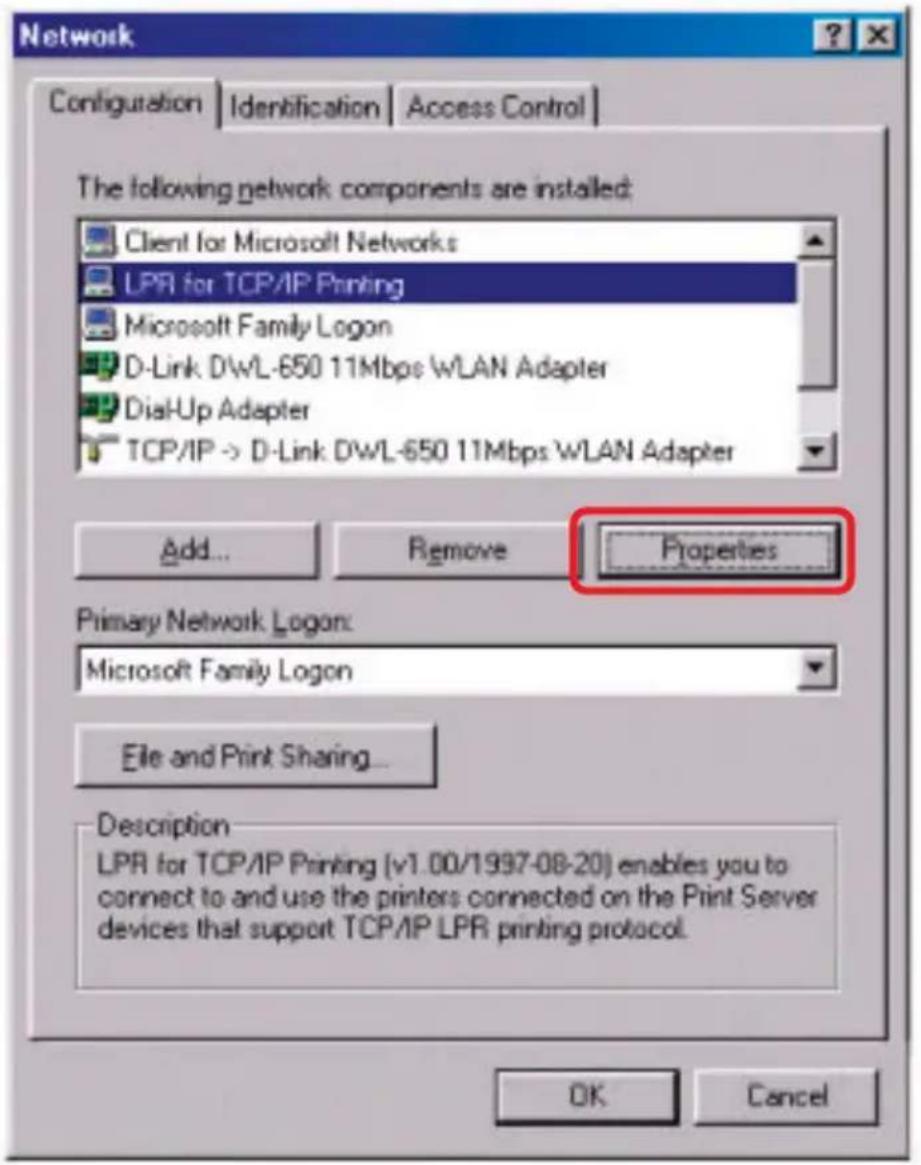 Network Configuration | Identification | Access Control | The following network components are installed: Client for Microsoft Networks LPR for TCP/IP Printing Microsoft Family Logon D-Link DWL-650 11Mbps WLAN Adapter DiaUp Adapter TCP/IP -> D-Link DWL-650 11Mbps WLAN Adapter Add... Remove Properties Primary Network Logon: Microsoft Family Logon File and Print Sharing... Description LPR for TCP/IP Printing (v1.00/1997-08-20) enables you to connect to and use the printers connected on the Print Server devices that support TCP/IP LPR printing protocol. OK Cancel