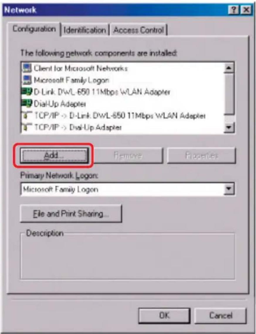 Network Configuration | Identification | Access Control | The following network components are installed: Client for Microsoft Networks Microsoft Family Logon D-Link DWL-650 11Mbps WLAN Adapter Dial-Up Adapter TCP/IP -> D-Link DWL-650 11Mbps WLAN Adapter TCP/IP -> Dial-Up Adapter Add... Remove Properties Primary Network Logon: Microsoft Family Logon File and Print Sharing... Description OK Cancel