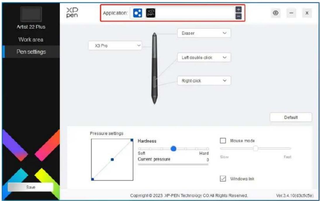 Application: X3 Pro Eraser Left double-click Right click Pressure settings Hardness Soft Hard Current pressure 0 Mouse mode Slow Fast Windows Ink Artist 22 Plus Work area Pen settings Default Save Copyright©2023 XP-PEN Technology CO:All Rights Reserved. Ver.3.4.10(d3c5c5e)