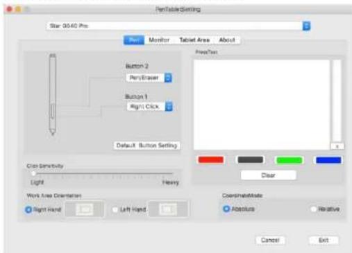 PenTabSetting Star 0540 Pro Monitor Table Area About Button 2 PenEraser Button 1 Right Click Default Button Setting Pure Sensitivity Light Heavy Work Area Orientation Right Hand Left Hand CoordinateMate Absolute Relative Cancel Exit