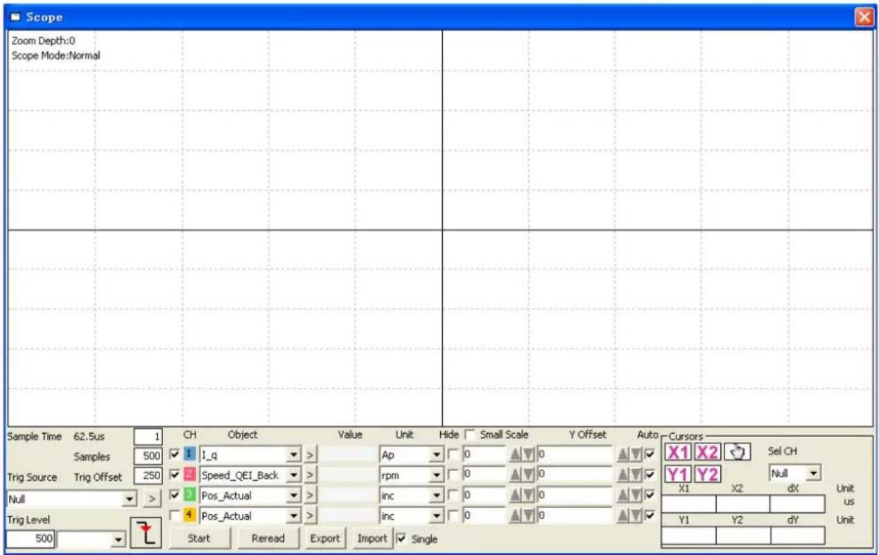Scope Zoom Depth:0 Scope Mode:Normal Sample Time 62.5us 1 CH Object Value Unit Hide Small Scale Y Offset Auto Samples 500 I_q > Ap 0 0 Trig Source Trig Offset 250 Speed_QEI_Back > rpm 0 0 Null > Pos_Actual > inc 0 0 Trig Level 4 Pos_Actual > inc 0 0 Start Reread Export Import Single Cursors X1 X2 Sel CH Y1 Y2 Null X1 X2 dX Unit us Y1 Y2 dY Unit