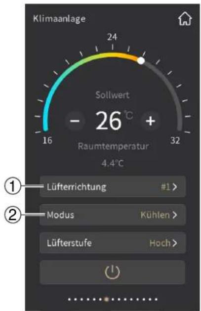 Klimaanlage 24 Sollwert - 26 °C + Raumtemperatur 4.4°C 16 32 ① Lüfterrichtung #1 > ② Modus Kühlen > Lüfterstufe Hoch >
