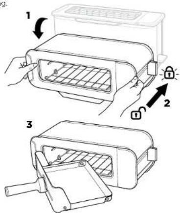 Diagram illustrating three steps of a device operation: opening, adding to a lock, and cutting into a slot.