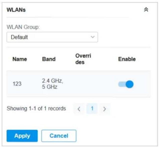 WLANs WLAN Group: Default Name Band Overrides Enable 123 2.4 GHz, 5 GHz Showing 1-1 of 1 records < 1 > Apply Cancel