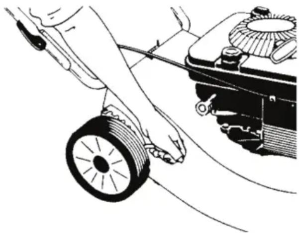 Line drawing of a hand operating a car wheel with a mechanical component (no text or symbols)