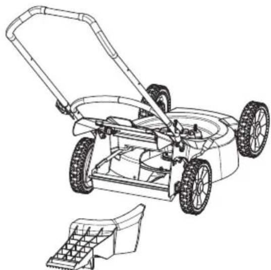 Line drawing of a lawn mower with open blade and wheels, shown from two different angles (no text or symbols)