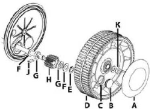 Technical diagram of a mechanical assembly with labeled parts A through K, showing gear and shaft components.