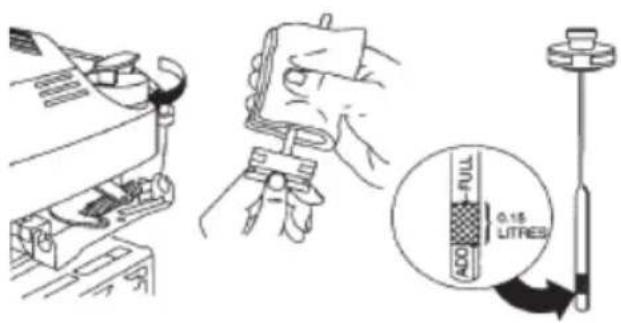 Technical diagram showing mechanical assembly steps with labeled parts including 'FULL', '0.15 LITRES', and a magnified inset showing a component.