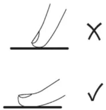 Hand-drawn sketch showing two hand-drawn strokes with checkmark and cross symbols, likely illustrating a correct or incorrect technique.