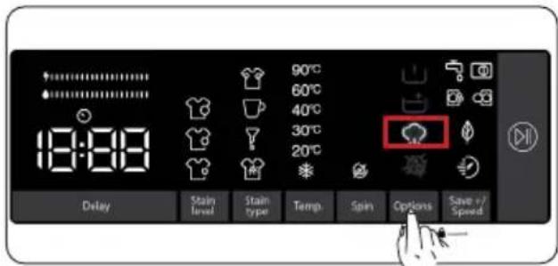18:00 90°C 60°C 40°C 30°C 20°C Delay Stain Level Stain type Temp. Spin Options Save +/Speed