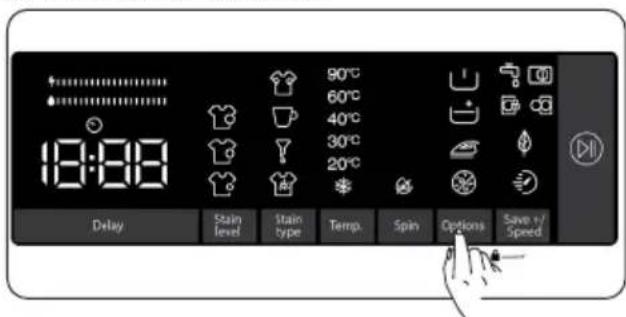 18:00 90°C 60°C 40°C 30°C 20°C Delay Stain level Stain type Temp. Spin Options Save up/Speed