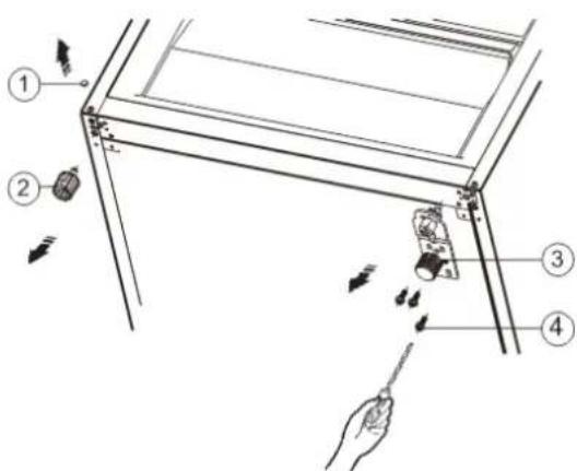 Diagram showing a mechanical assembly with numbered components and directional arrows indicating motion or movement.