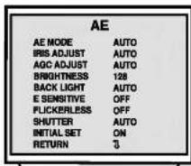 AE AE MODE AUTO BRS ADJUST AUTO AGC ADJUST AUTO BRIGHTNESS 128 BACK LIGHT AUTO E SENSITIVE OFF FLICKERLESS OFF SHUTTER AUTO INITIAL SET ON RETURN 3