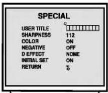 SPECIAL USER TITLE SHARPNESS 112 COLOR ON NEGATIVE OFF D EFFECT NONE INITIAL SET ON RETURN 3