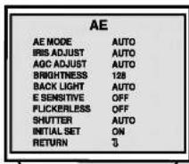 AE AE MODE AUTO IRIS ADJUST AUTO AGC ADJUST AUTO BRIGHTNESS 128 BACK LIGHT AUTO E SENSITIVE OFF FLICKERLESS OFF SHUTTER AUTO INITIAL SET ON RETURN 3