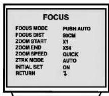 FOCUS FOCUS MODE PUSH AUTO FOCUS DIST 50CM ZOOM START X1 ZOOM END X54 ZOOM SPEED QUICK ZTRK MODE AUTO INITIAL SET ON RETURN 3