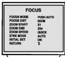 FOCUS FOCUS MODE PUSH AUTO FOCUS DIST 50CM ZOOM START X1 ZOOM END X54 ZOOM SPEED QUICK ZTRK MODE AUTO INITIAL SET ON RETURN 3