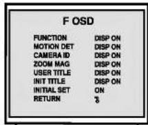 F OSD FUNCTION DISP ON MOTION DET DISP ON CAMERA ID DISP ON ZOOM MAG DISP ON USER TITLE DISP ON INIT TITLE DISP ON INITIAL SET ON RETURN 3