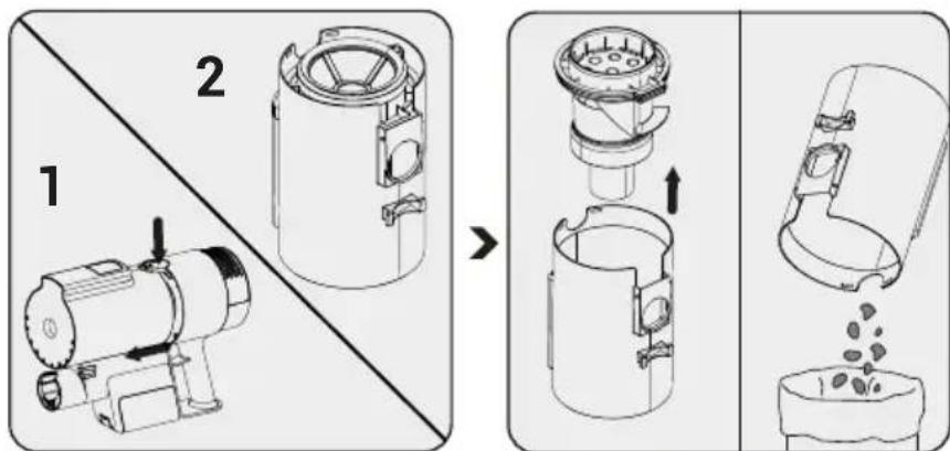 Technical diagram showing two-step assembly of a blender with labeled parts and directional arrows indicating process flow.