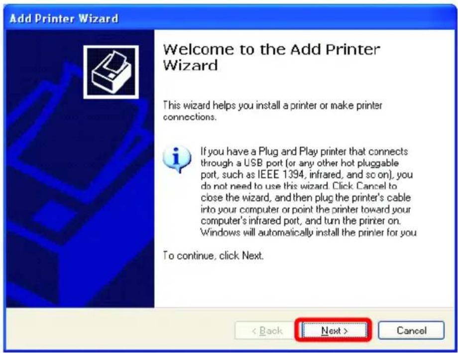 Add Printer Wizard Welcome to the Add Printer Wizard This wizard helps you install a printer or make printer connections. If you have a Plug and Play printer that connects through a USB port (or any other hot pluggable port, such as IEEE 1394, infrared, and so on), you do not need to use this wizard. Click Cancel to close the wizard, and then plug the printer's cable into your computer or point the printer toward your computer's infrared port, and turn the printer on. Windows will automatically install the printer for you To continue, click Next. < Back Next > Cancel