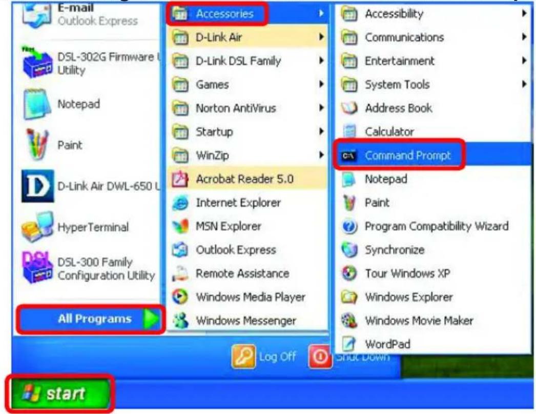 E-mail Outlook Express DSL-302G Firmware U Utility Notepad Paint D-Link Air DWL-650 L HyperTerminal DSL-300 Family Configuration Utility All Programs Accessories D-Link Air D-Link DSL Family Games Norton AntiVirus Startup WinZip Acrobat Reader 5.0 Internet Explorer MSN Explorer Outlook Express Remote Assistance Windows Media Player Windows Messenger Command Prompt Accessibility Communications Entertainment System Tools Address Book Calculator C:\ Command Prompt Notepad Paint Program Compatibility Wizard Synchronize Tour Windows XP Windows Explorer Windows Movie Maker WordPad Log Off Shut Down start