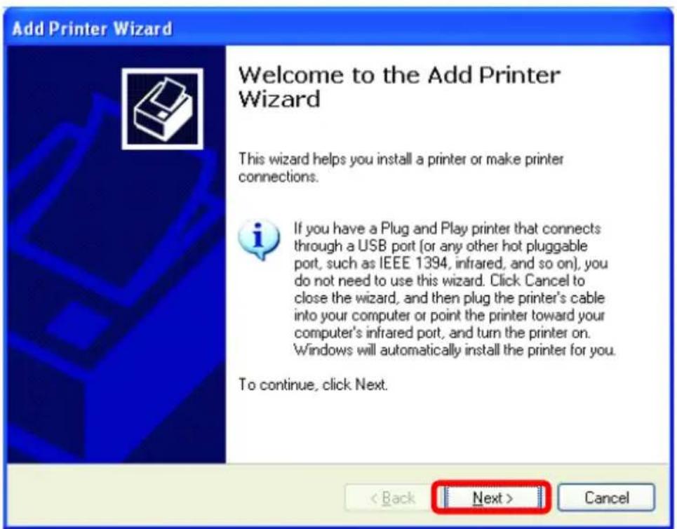 Add Printer Wizard Welcome to the Add Printer Wizard This wizard helps you install a printer or make printer connections. If you have a Plug and Play printer that connects through a USB port (or any other hot pluggable port, such as IEEE 1394, infrared, and so on), you do not need to use this wizard. Click Cancel to close the wizard, and then plug the printer's cable into your computer or point the printer toward your computer's infrared port, and turn the printer on. Windows will automatically install the printer for you. To continue, click Next. < Back Next > Cancel