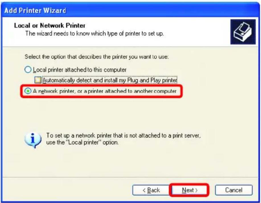 Add Printer Wizard Local or Network Printer The wizard needs to know which type of printer to set up. Select the option that describes the printer you want to use: ○ Local printer attached to this computer □ Automatically detect and install my Plug and Play printer ● A network printer, or a printer attached to another computer To set up a network printer that is not attached to a print server, use the "Local printer" option. < Back Next > Cancel
