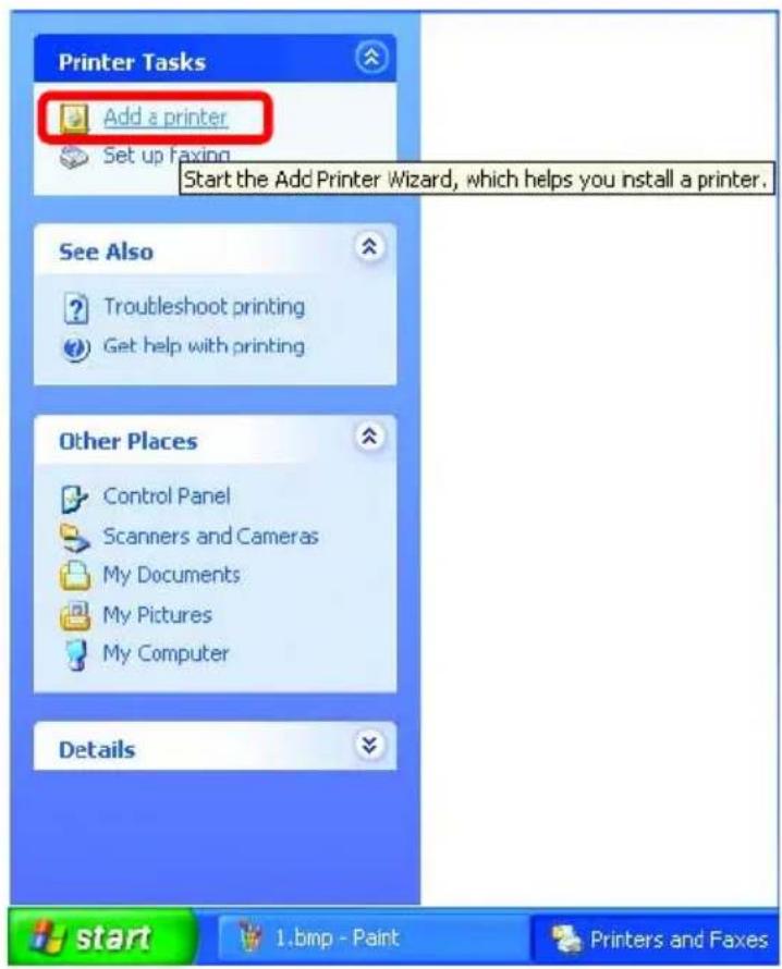 Printer Tasks Add a printer Set up faxing Start the Add Printer Wizard, which helps you install a printer. See Also Troubleshoot printing Get help with printing Other Places Control Panel Scanners and Cameras My Documents My Pictures My Computer Details start 1.bmp - Paint Printers and Faxes