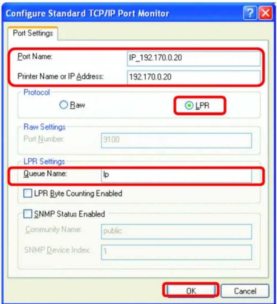 Configure Standard TCP/IP Port Monitor Port Settings Port Name: IP_192.170.0.20 Printer Name or IP Address: 192.170.0.20 Protocol Raw LPR Raw Settings Port Number: 9100 LPR Settings Queue Name: Ip LPR Byte Counting Enabled SNMP Status Enabled Community Name: public SNMP Device Index: 1 OK Cancel