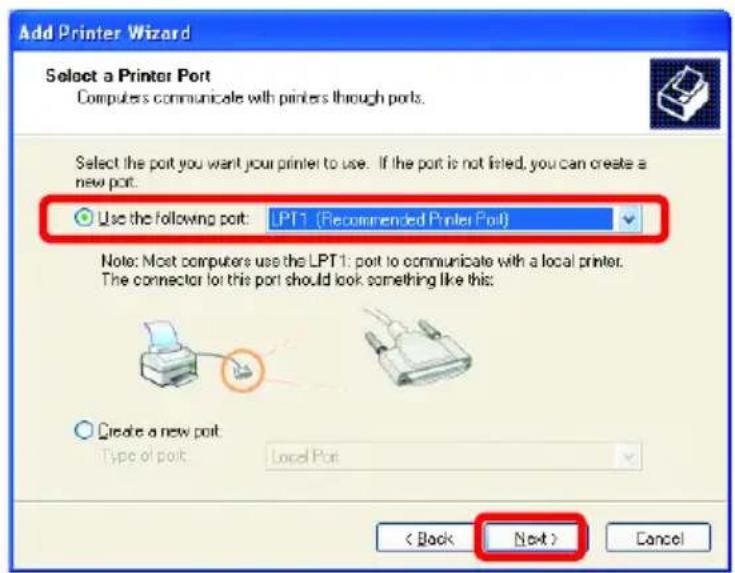 Add Printer Wizard Select a Printer Port Computers communicate with printers through ports. Select the port you want your printer to use. If the port is not listed, you can create a new port. Use the following port: LPT1 (Recommended Printer Port) Note: Most computers use the LPT1: port to communicate with a local printer. The connector for this port should look something like this: Create a new port: Type of port: Local Port < Back Next > Cancel