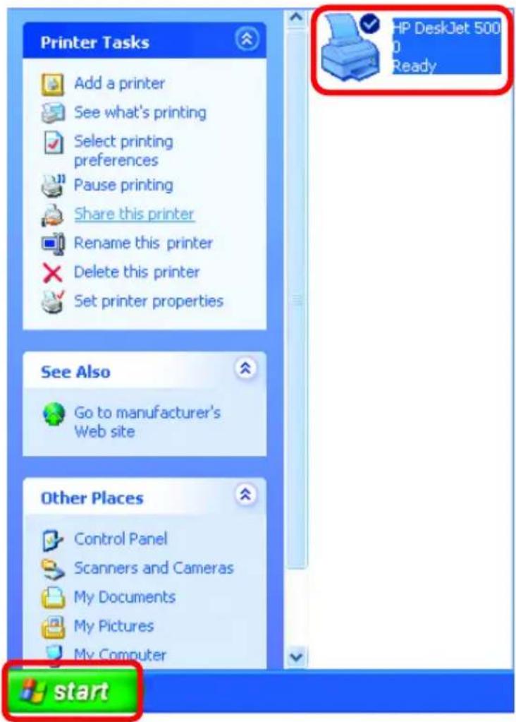 Printer Tasks Add a printer See what's printing Select printing preferences Pause printing Share this printer Rename this printer Delete this printer Set printer properties HP DeskJet 500 Ready See Also Go to manufacturer's Web site Other Places Control Panel Scanners and Cameras My Documents My Pictures My Computer start