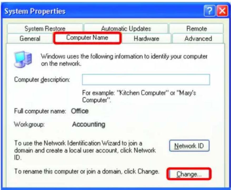 System Properties System Restore Automatic Updates Remote General Computer Name Hardware Advanced Windows uses the following information to identify your computer on the network. Computer description: For example: "Kitchen Computer" or "Mary's Computer". Full computer name: Office Workgroup: Accounting To use the Network Identification Wizard to join a domain and create a local user account, click Network ID. Network ID To rename this computer or join a domain, click Change. Change...