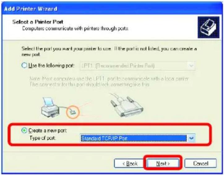 Add Printer Wizard Select a Printer Port Computers communicate with printers through ports. Select the port you want your printer to use. If the port is not listed, you can create a new port. Use the following port: LPT1 (Recommended Printer Port) Note: Most computers use the LPT1 port to communicate with a local printer. The connector for this port should look something like this. Create a new port: Type of port: Standard TCP/IP Port < Back Next > Cancel