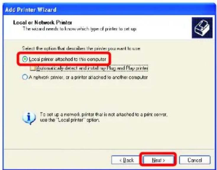 Add Printer Wizard Local or Network Printer The wizard needs to know which type of printer to set up Select the option that describes the printer you want to use Local printer attached to this computer Automatically detect and installing Plug and Play printer A network printer, or a printer attached to another computer To set up a network printer that is not attached to a print server, use the "Local printer" option. < Back Next > Cancel