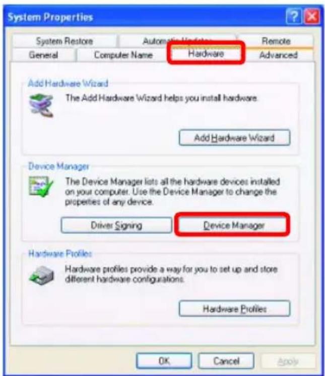 System Properties System Restore Automatic Updates Remote General Computer Name Hardware Advanced Add Hardware Wizard The Add Hardware Wizard helps you install hardware. Add Hardware Wizard Device Manager The Device Manager lists all the hardware devices installed on your computer. Use the Device Manager to change the properties of any device. Driver Signing Device Manager Hardware Profiles Hardware profiles provide a way for you to set up and store different hardware configurations. Hardware Profiles OK Cancel Apply