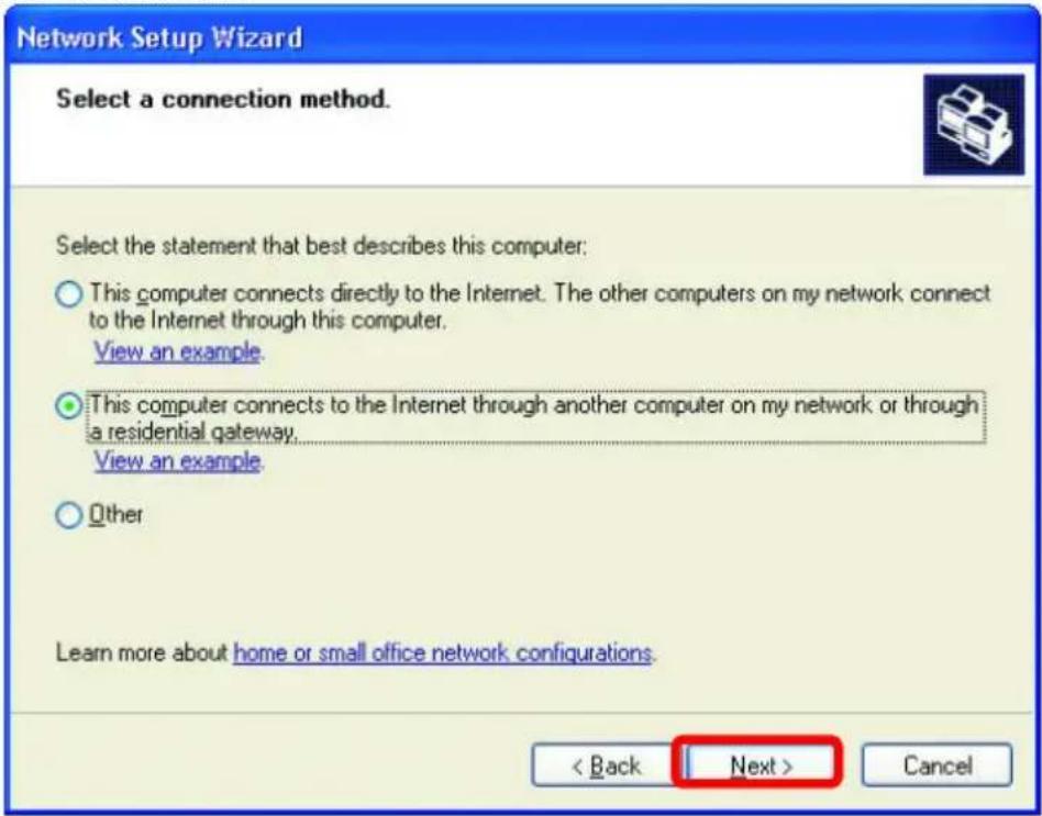 Network Setup Wizard Select a connection method. Select the statement that best describes this computer: ○ This computer connects directly to the Internet. The other computers on my network connect to the Internet through this computer. View an example. ● This computer connects to the Internet through another computer on my network or through a residential gateway. View an example. ○ Other Learn more about home or small office network configurations. < Back Next > Cancel