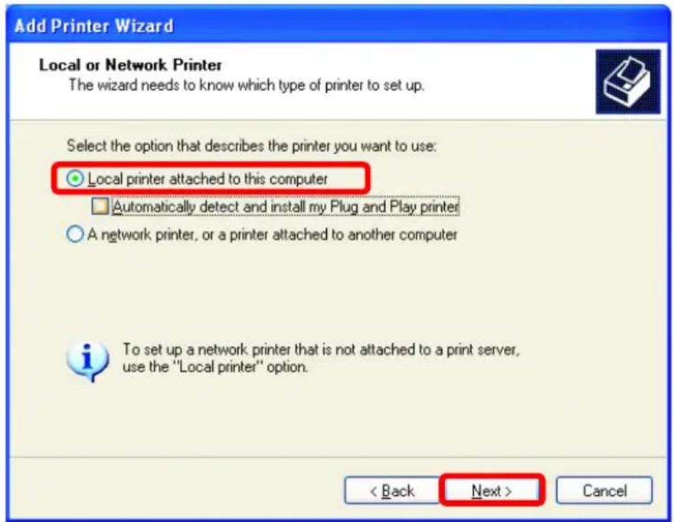 Add Printer Wizard Local or Network Printer The wizard needs to know which type of printer to set up. Select the option that describes the printer you want to use: Local printer attached to this computer Automatically detect and install my Plug and Play printers A network printer, or a printer attached to another computer To set up a network printer that is not attached to a print server, use the "Local printer" option. < Back Next > Cancel