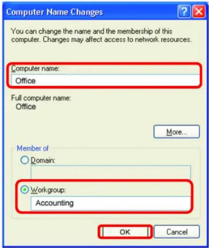 Computer Name Changes You can change the name and the membership of this computer. Changes may affect access to network resources. Computer name: Office Full computer name: Office More... Member of Domain: Workgroup: Accounting OK Cancel