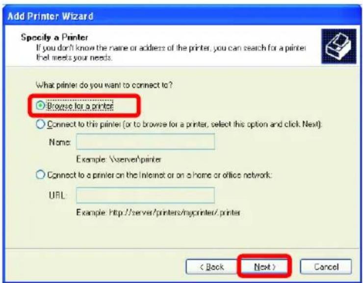 Add Printer Wizard Specify a Printer If you don't know the name or address of the printer, you can search for a printer that meets your needs. What printer do you want to connect to? Browse for a printer Connect to this printer (or to browse for a printer, select this option and click Next): Name: Example: \server\printer Connect to a printer on the Internet or on a home or office network: URL: Example: http://server/printers/myprinter/ printer < Back Next > Cancel