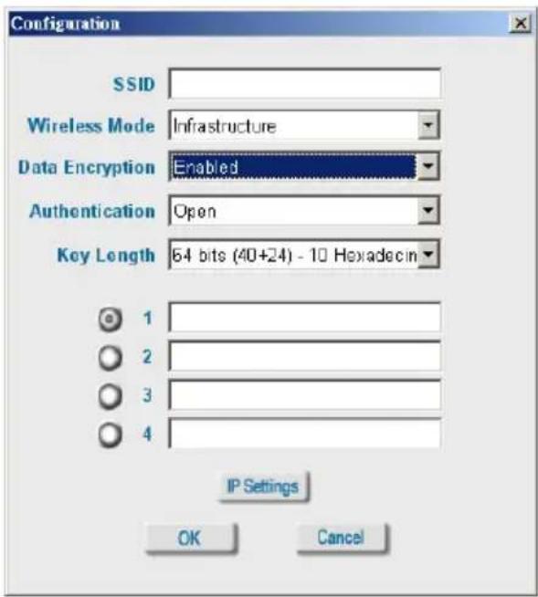 Configuration SSID Wireless Mode Infrastructure Data Encryption Enabled Authentication Open Key Length 64 bits (40+24) - 10 Hexadecin 1 2 3 4 IP Settings OK Cancel
