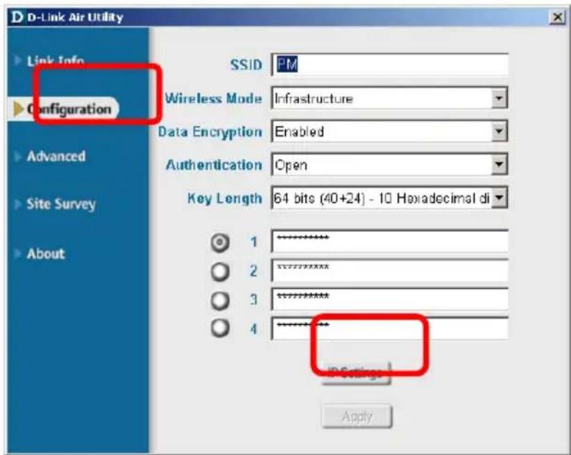 D-Link Air Utility Link Info Configuration Advanced Site Survey About SSID PM Wireless Mode Infrastructure Data Encryption Enabled Authentication Open Key Length 64 bits (40+24) - 10 Hexadecimal di 1 2 3 4 IP Settings Apply