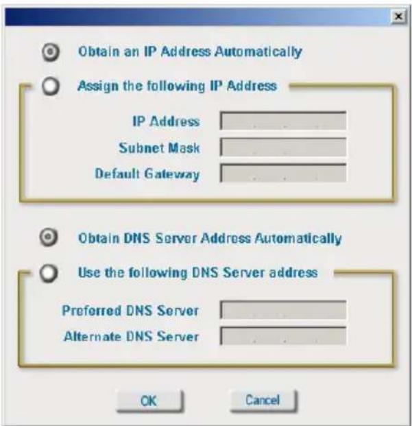 Obtain an IP Address Automatically Assign the following IP Address IP Address Subnet Mask Default Gateway Obtain DNS Server Address Automatically Use the following DNS Server address Preferred DNS Server Alternate DNS Server OK Cancel