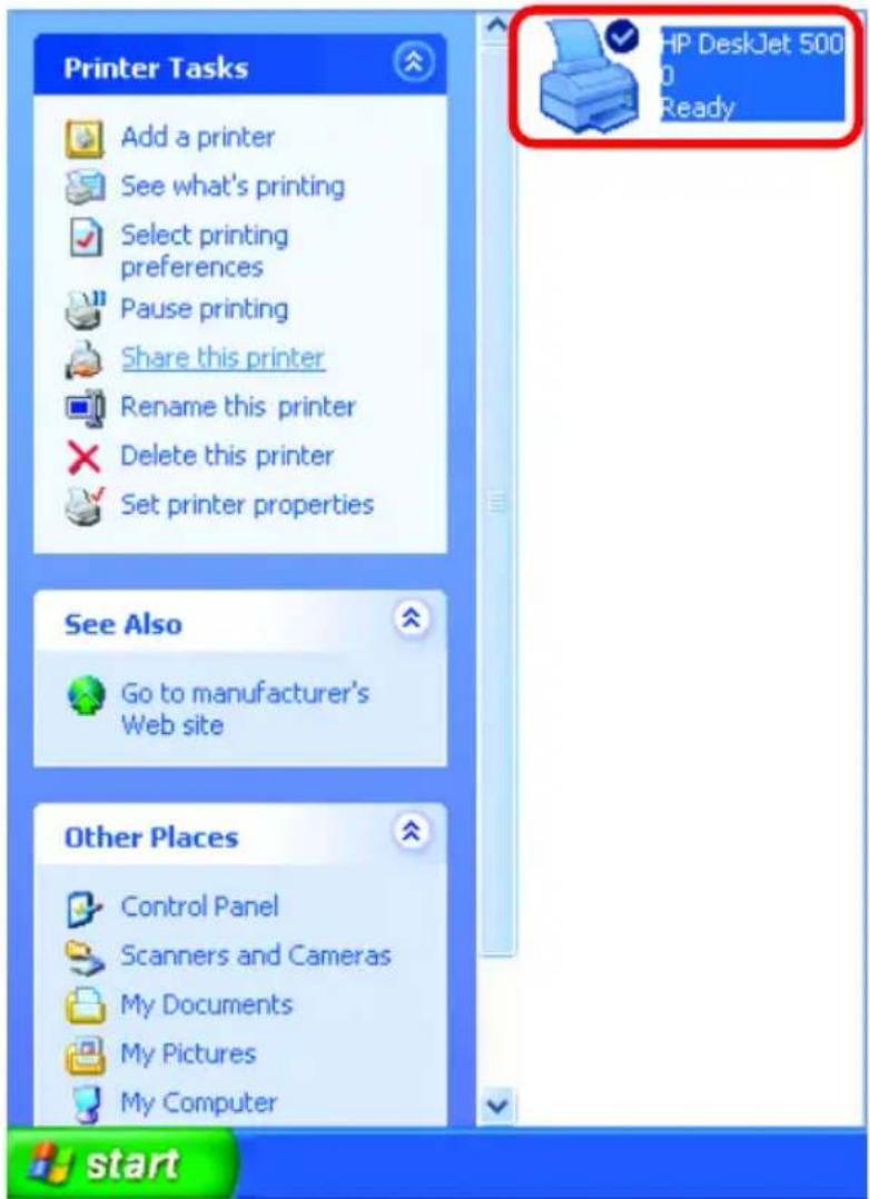 Printer Tasks Add a printer See what's printing Select printing preferences Pause printing Share this printer Rename this printer Delete this printer Set printer properties HP DeskJet 500 Ready See Also Go to manufacturer's Web site Other Places Control Panel Scanners and Cameras My Documents My Pictures My Computer start