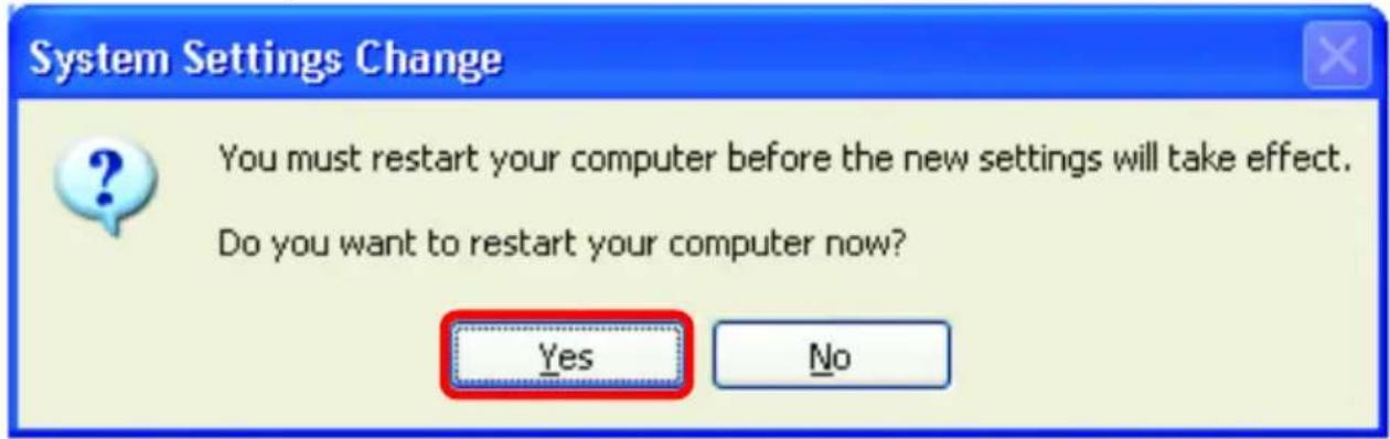 System Settings Change You must restart your computer before the new settings will take effect. Do you want to restart your computer now? Yes No