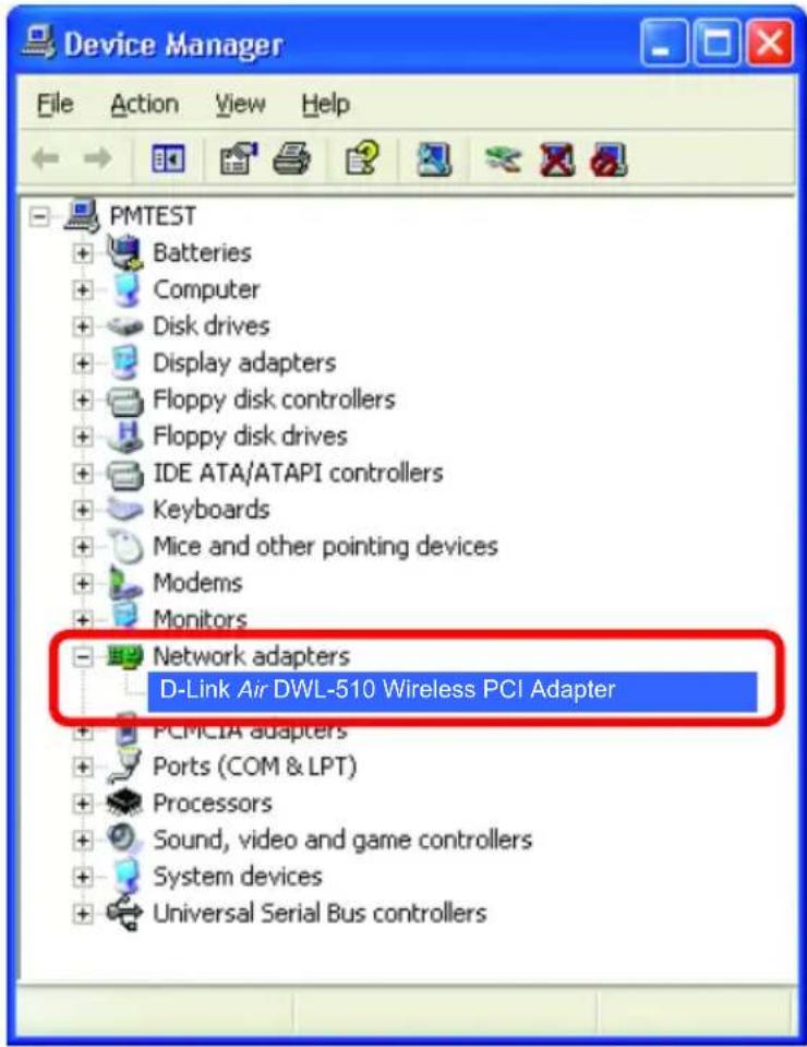 Device Manager File Action View Help PMTEST + Batteries + Computer + Disk drives + Display adapters + Floppy disk controllers + Floppy disk drives + IDE ATA/ATAPI controllers + Keyboards + Mice and other pointing devices + Modems + Monitors - Network adapters D-Link Air DWL-510 Wireless PCI Adapter + PCMCIA adapters + Ports (COM & LPT) + Processors + Sound, video and game controllers + System devices + Universal Serial Bus controllers